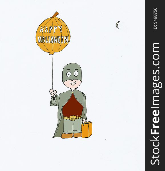 One small boy child holding pumpkin balloon with happy Halloween written on balloon holding bag of candy dressed  costume and vampire teeth. One small boy child holding pumpkin balloon with happy Halloween written on balloon holding bag of candy dressed  costume and vampire teeth