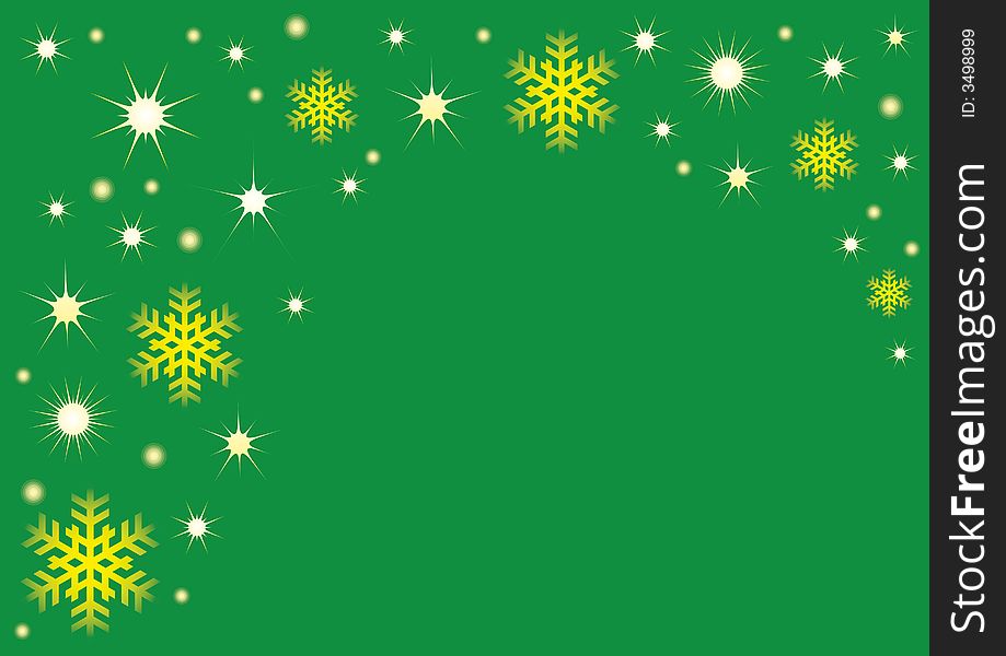 Snowflakes and stars on green background