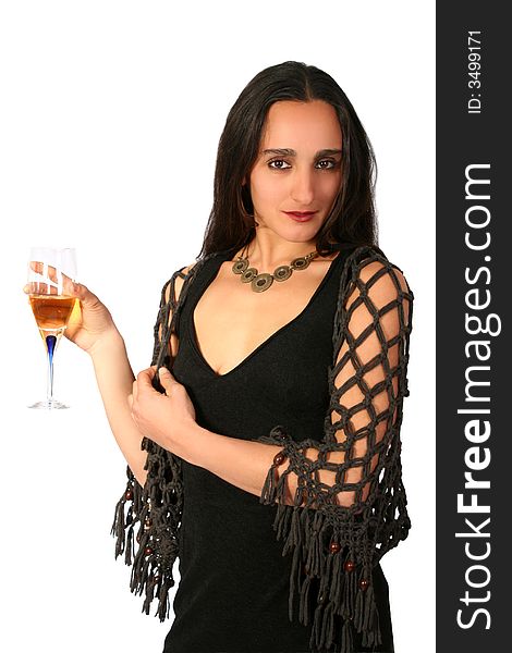 Digital photo of woman in a evening dress with a glass of champagne.