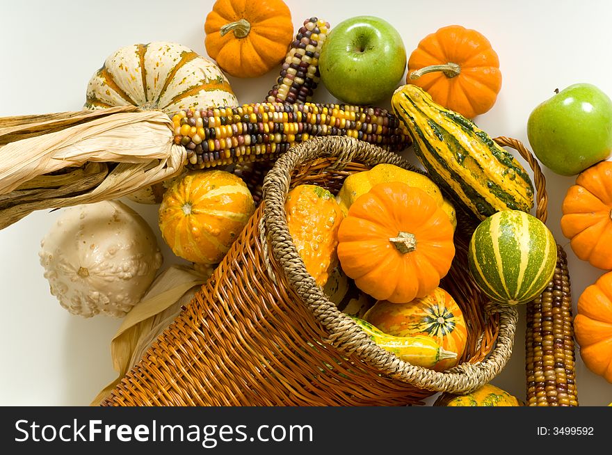 Cornucopia with fall harvest items including pumpkins, gords, apples and indian corn