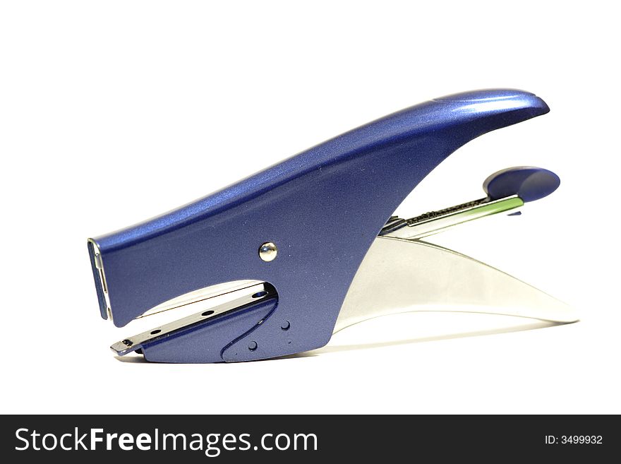 Blue stapler standing vertically, italian design, isolated over white