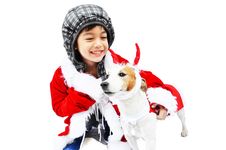 Little Santa With Dog Reindeer Royalty Free Stock Photos Little Santa With Dog Reindeer Royalty Free Stock Photos