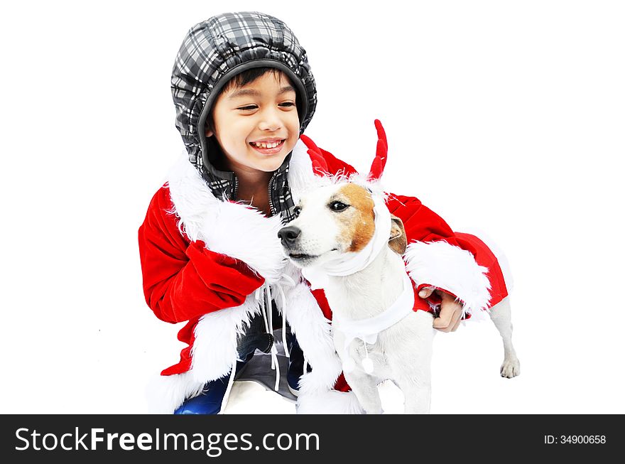 Little santa with dog reindeer on white background