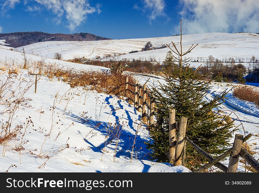 Fence by the road to snowy forest in the mountains