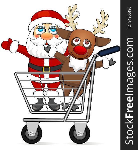 Santa Claus And Reindeer In Shopping Cart