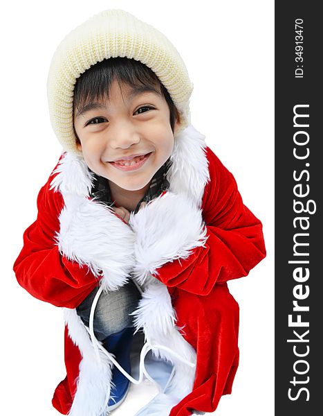 Little santa boy on white background