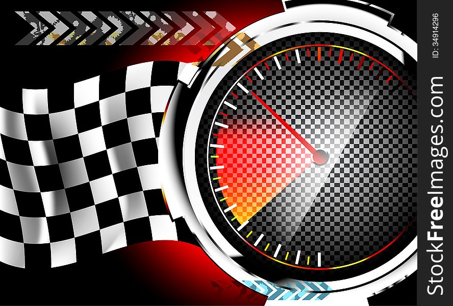 Glossy speedometer with race flag abstract background. Glossy speedometer with race flag abstract background