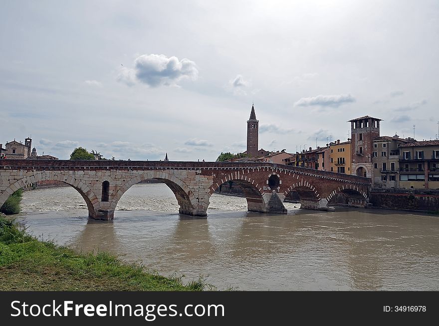 Verona historic center cityscape with bridge