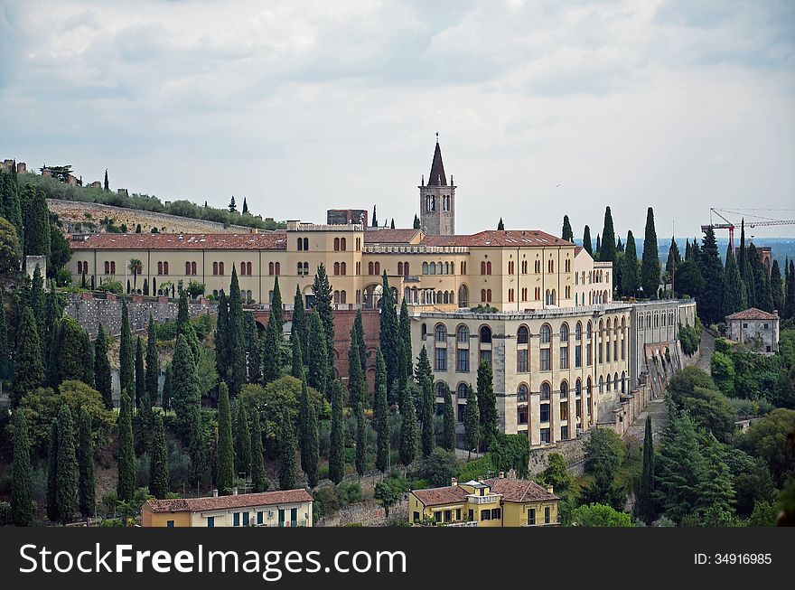 Verona historic center cityscape with bridge