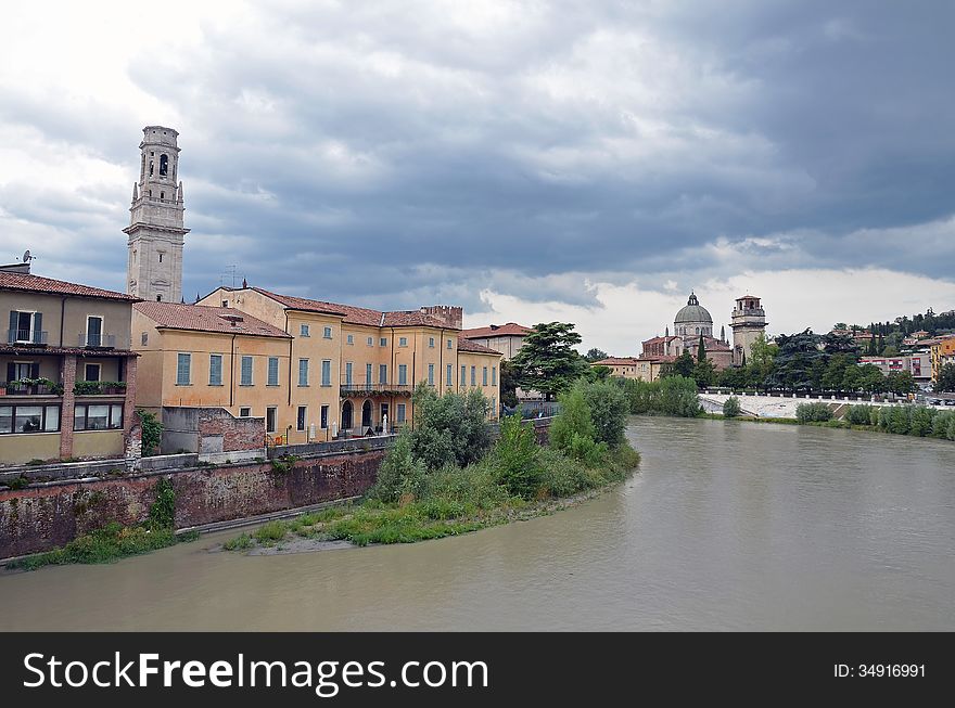 Verona historic center cityscape with bridge