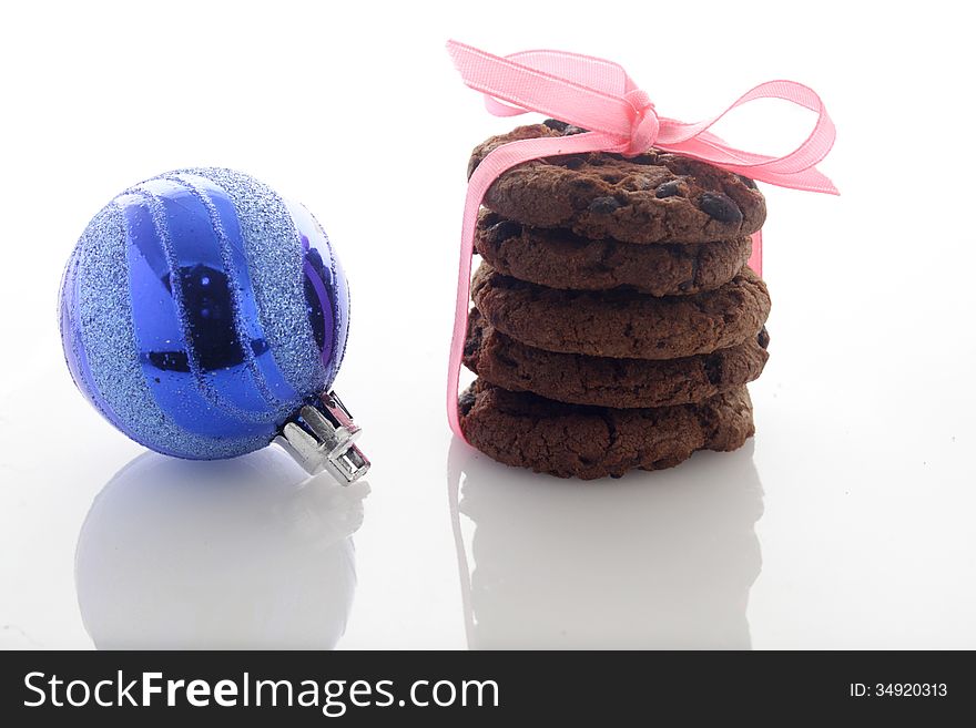 Chocolate Cookies & Christmas Balls over white