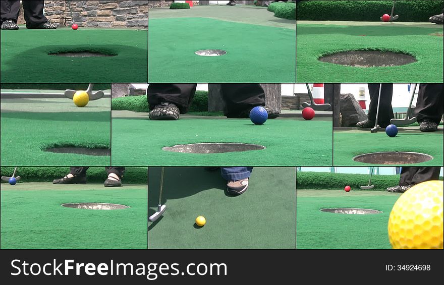 9 screens in one, in which newcomers play mini-golf on board a cruise ship. Only the feet are visible. Slow motion. 9 screens in one, in which newcomers play mini-golf on board a cruise ship. Only the feet are visible. Slow motion