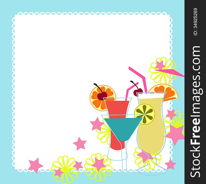 Summer background with drinks and flowers
