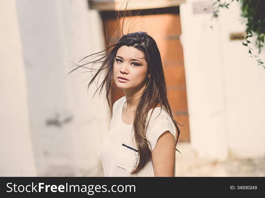 Portrait of beautiful japanese woman in urban background