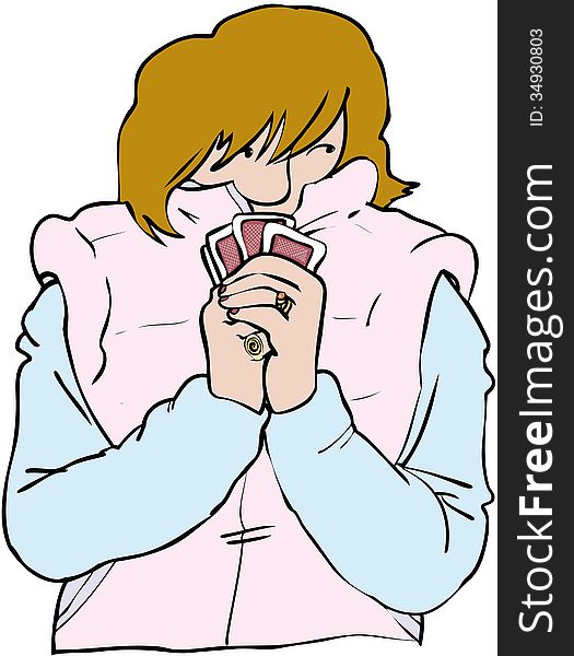 Card playing woman holding cards close