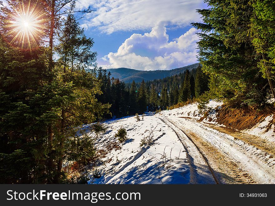 Snowy road to coniferous forest in mountains