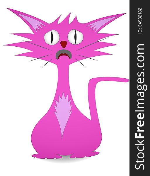 Frightened cartoon cat illustration in pink. Frightened cartoon cat illustration in pink