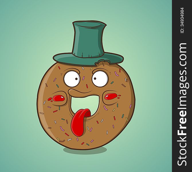 Cartoon donut play the ape with green hat. Vector Illustration