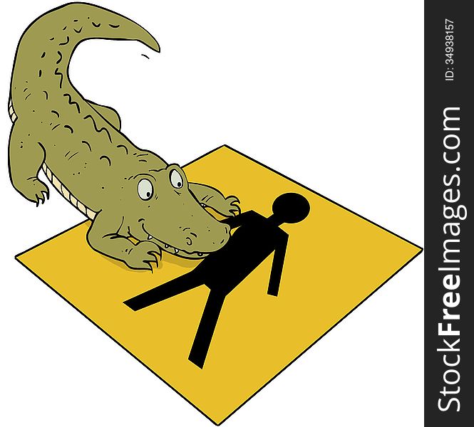 Crocodile cartoon on a sign with human icon. Crocodile cartoon on a sign with human icon