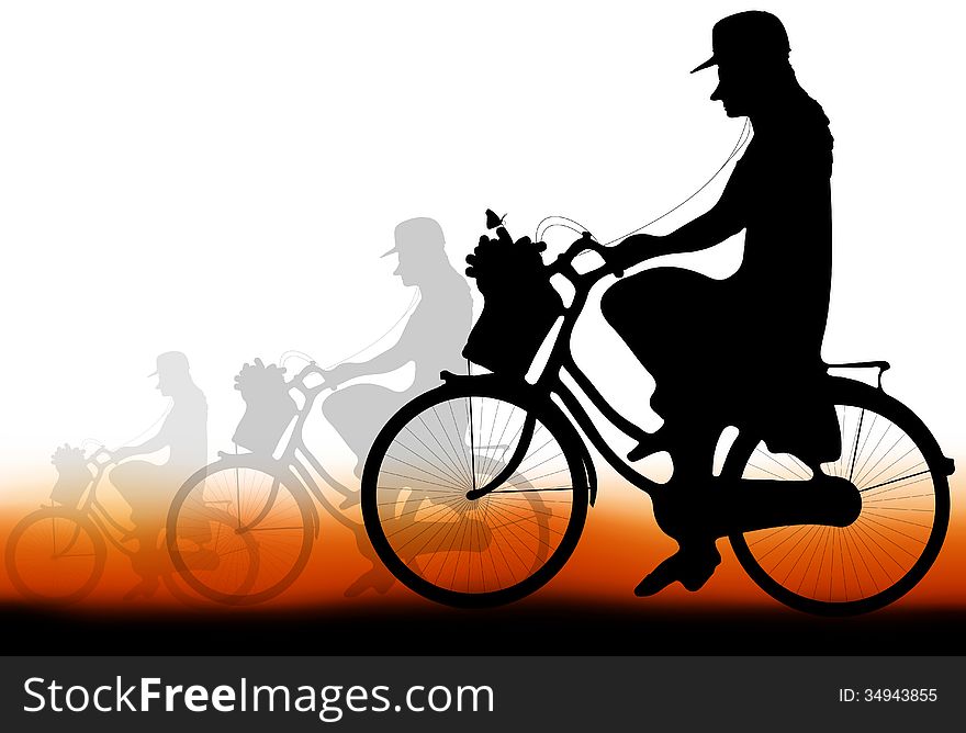 Woman cyclist relaxing at sunset., Variable in Vector file. Woman cyclist relaxing at sunset., Variable in Vector file