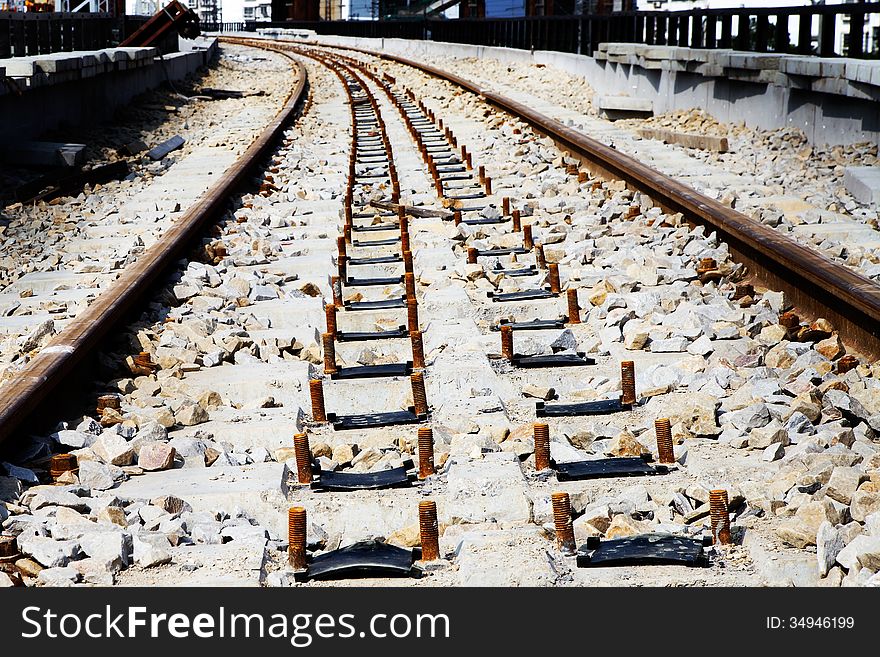Construction site,unfinished railroad ballast bed