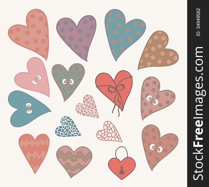 Cartoon hand drawn hearts icons set for design. Cartoon hand drawn hearts icons set for design.