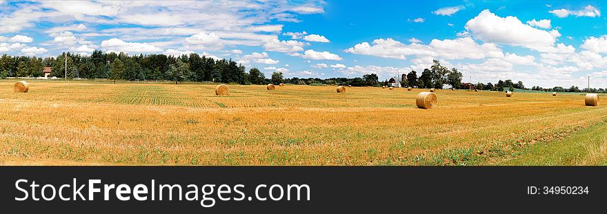 Panorama Mown field photographed in fine summer weather, against a backdrop of blue sky. Panorama Mown field photographed in fine summer weather, against a backdrop of blue sky