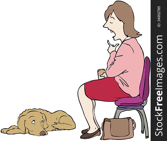 Seated woman talking to a disinterested dog. Seated woman talking to a disinterested dog
