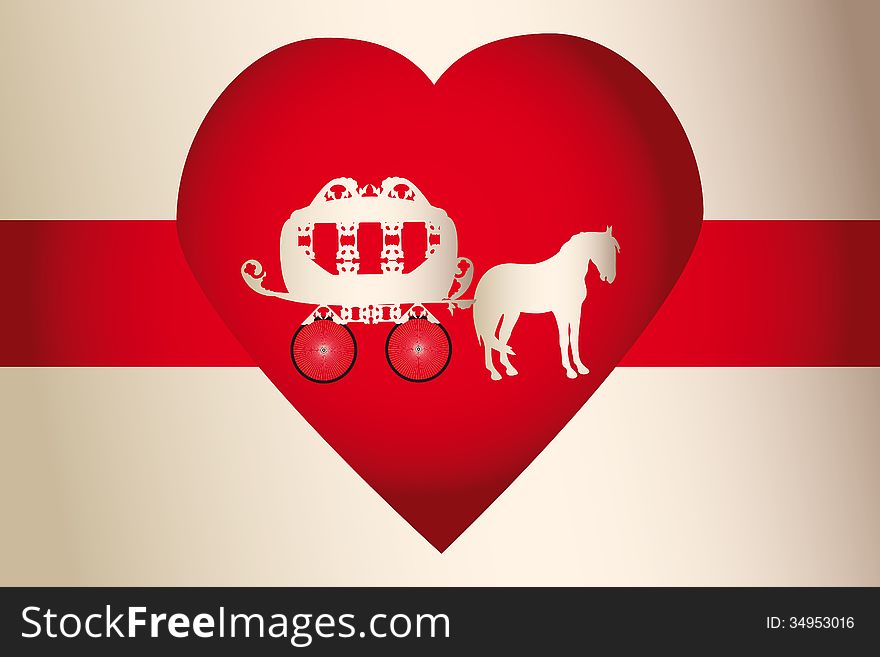 Illustration of golden horse carriage for wedding in red heart - eps 10 vectors