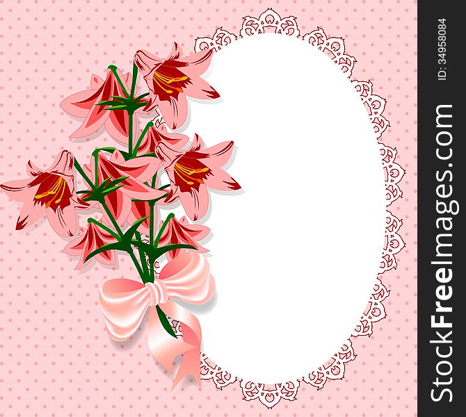 Lace frame decorated with a bouquet of flowers with a bow on a pink background with polka dots. Vector illustration. Lace frame decorated with a bouquet of flowers with a bow on a pink background with polka dots. Vector illustration.