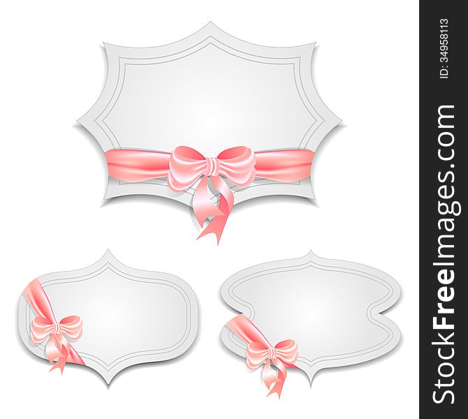 Set of greeting cards vignettes tied with satin ribbon with a bow. Vector illustration. Set of greeting cards vignettes tied with satin ribbon with a bow. Vector illustration.