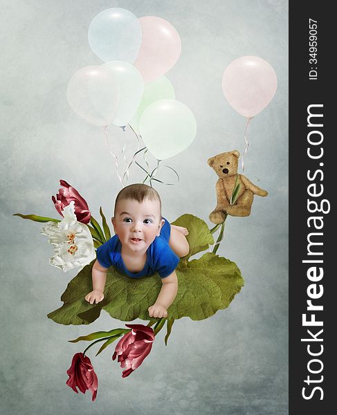 The kid in the clouds, surrounded by flowers and balloons. The kid in the clouds, surrounded by flowers and balloons