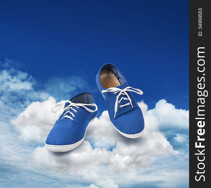 Blue shoes dancing on clouds, soft walking concept
