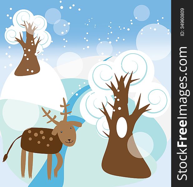 Vector graphic image with the funny deer walking in a winter forest. Vector graphic image with the funny deer walking in a winter forest