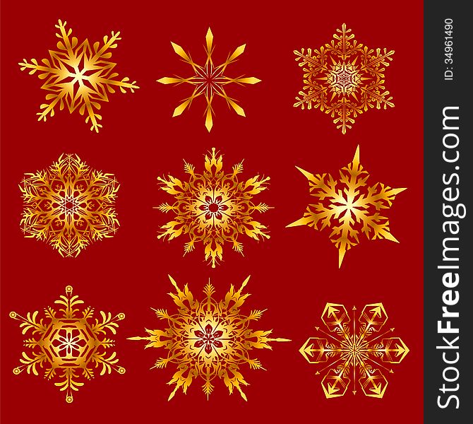 Golden snowflakes on a red background. decorative ornament.