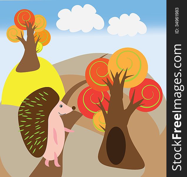 Vector graphic image with a funny hedgehog walking in autumn forest