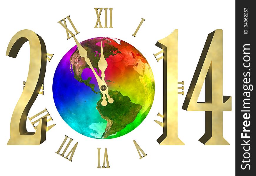 Illustration of rainbow planet Earth, cosmic clock and numbers 2014. Happy new year 2014. Isolated on white background. You can see America. Illustration of rainbow planet Earth, cosmic clock and numbers 2014. Happy new year 2014. Isolated on white background. You can see America.