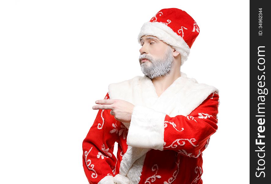 Santa Claus shows his hand to the left, a white background