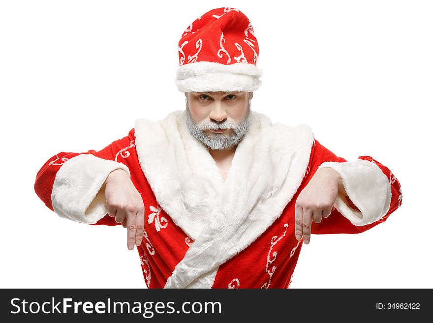 Santa Claus Shows His Hands Down, White Background