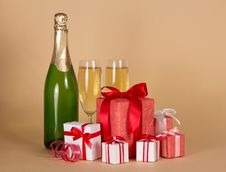 Bottle And Wine Glasses With Small Gift Boxes Stock Images Bottle And Wine Glasses With Small Gift Boxes Stock Images