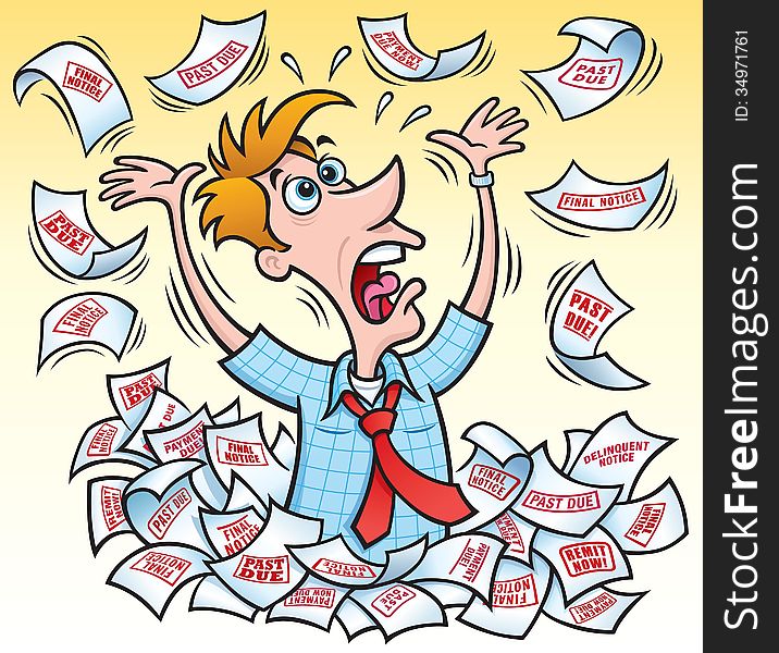Cartoon illustration of a frantic man wearing a red tie with his arms up flailing in the air while bills and past due notices are floating around him and to the ground and burring him. Cartoon illustration of a frantic man wearing a red tie with his arms up flailing in the air while bills and past due notices are floating around him and to the ground and burring him.