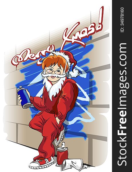 Illustration with smiling teenage boy in Santa Claus clothes who made Christmas graffiti on the wall. Illustration with smiling teenage boy in Santa Claus clothes who made Christmas graffiti on the wall