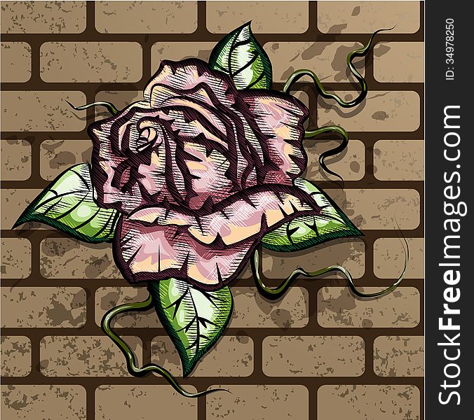 Illustration with rose growing on the brick wall drawn in tattoo style. Illustration with rose growing on the brick wall drawn in tattoo style