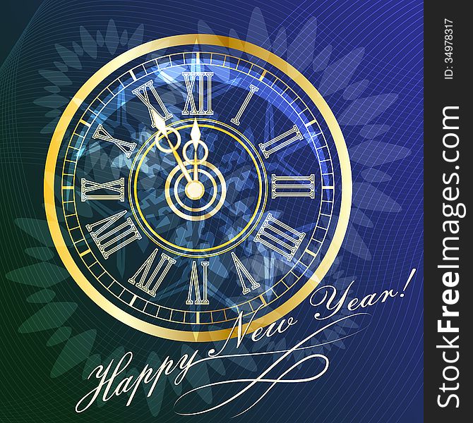 Illustration with clock face five minutes before midnight against dark blue abstract background. Illustration with clock face five minutes before midnight against dark blue abstract background