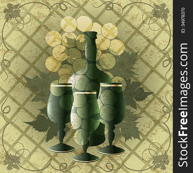 Illustration with three goblets and bottle of old wine against grape ornament background drawn in vintage style. Illustration with three goblets and bottle of old wine against grape ornament background drawn in vintage style
