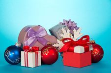 Gift Boxes And Beautiful Christmas Toys Royalty Free Stock Photography