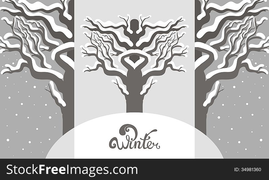 Winter silver background with symmetry trees. Vector illustration