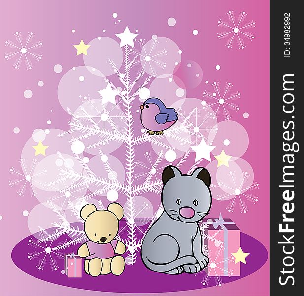 Vector graphic image with funny animals on christmas tree background. Vector graphic image with funny animals on christmas tree background