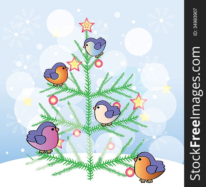 Vector graphic image with funny birds sitting on christmas tree. Vector graphic image with funny birds sitting on christmas tree