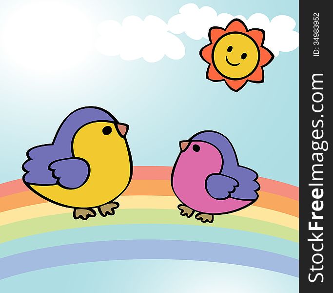 Vector graphic image with funny birds sitting on rainbow. Vector graphic image with funny birds sitting on rainbow
